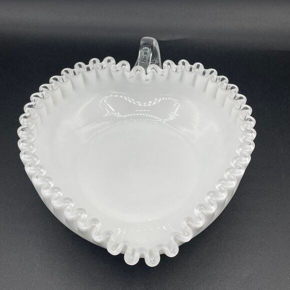 Fenton Milk Glass Heart Shape Nappy Candy Dish w/ Silver Crest Ruffled Edge - Picture 2 of 12